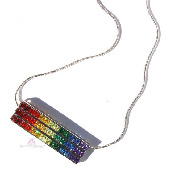 7 Colors Gods Promise Rainbow Cubic Zirconia CZ Triple Multi 3 Row Bar Necklace - Picture 5 of 9